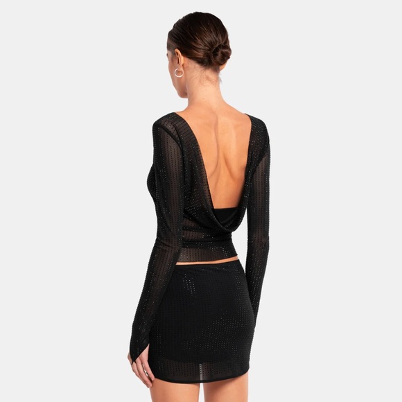 MESHA Revolve Embellished Rhinestone Long Sleeve Mesh Low Back Blouse - Picture 1 of 6